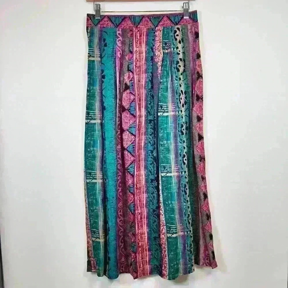 VINTAGE 80s Tofy Lightweight Rayon Silky Maxi Skirt Tribal Print Tropical Medium - Picture 1 of 8
